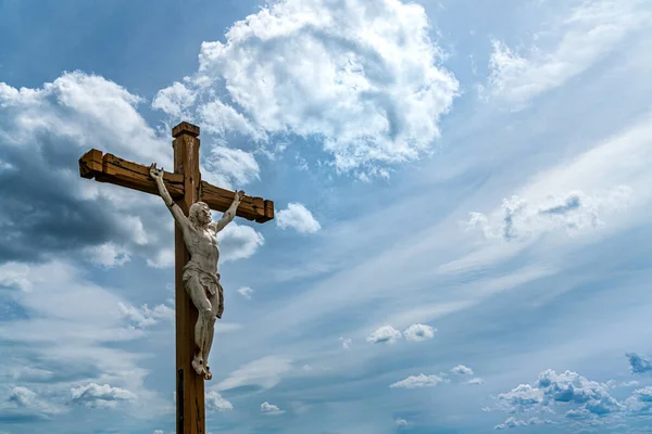Crucifix Concept Jesus Christ Wooden Cross Dramatic Sky Background Clouds — Stock Photo, Image