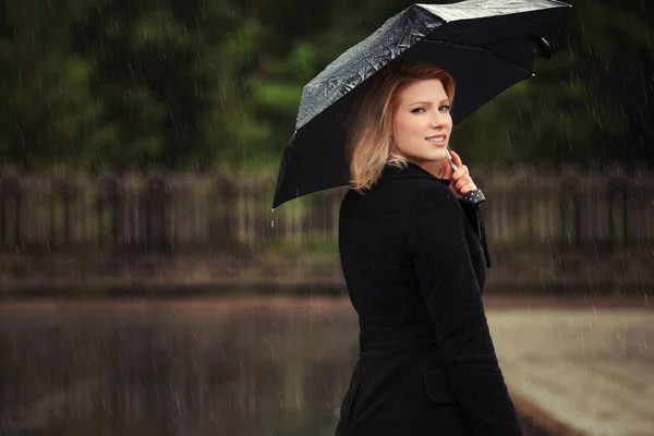 Happy fashion woman with umbrella in the rain