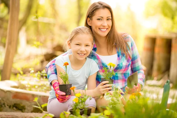 Meisje helpen haar moeder planten van bloemen — Stockfoto