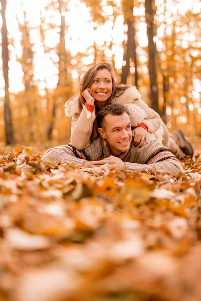 Sonriente pareja acostada en hojas en el bosque — Foto de Stock