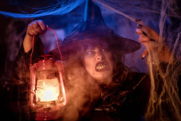 Witch With Lighted Lantern In Magic Fog — Stock Photo, Image