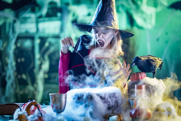 Young Witch Is Cooking With Magic — Stock Photo, Image