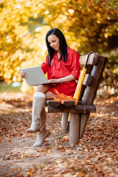 Mulher sentada no banco e trabalhando com laptop — Fotografia de Stock