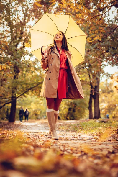 Donna con ombrello in posa nel parco autunnale — Foto Stock