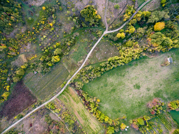 Road going through forest with autumn colorful trees. Aerial photo.
