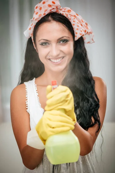 Glimlachende vrouw schoonmaakraam — Stockfoto