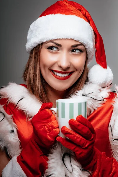 Portrait Beautiful Young Smiling Woman Santa Claus Costume She Thinking — Stock Photo, Image