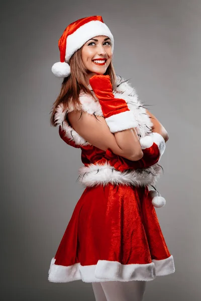 Beautiful Young Smiling Woman Santa Claus Costume Standing Looking Away — Stock Photo, Image