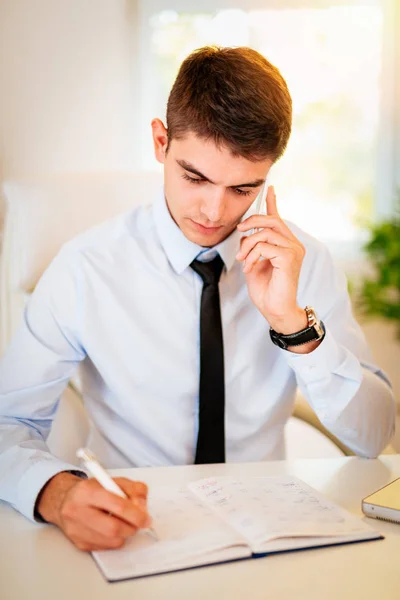 Young Handsome Pensive Businessman Using Smartphone Office — Stock Photo, Image