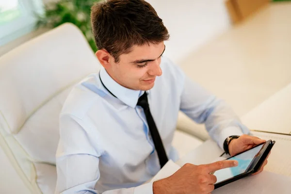 Young Handsome Smiling Businessman Using Tablet Office — Stock Photo, Image