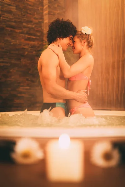 Beautiful Young Couple Enjoying Hot Tub Spa Center — Stock Photo, Image