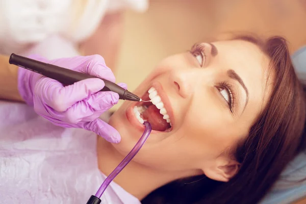 Beautiful Young Woman Visit Dentist Office She Sitting Chair Dentist — Stock Photo, Image