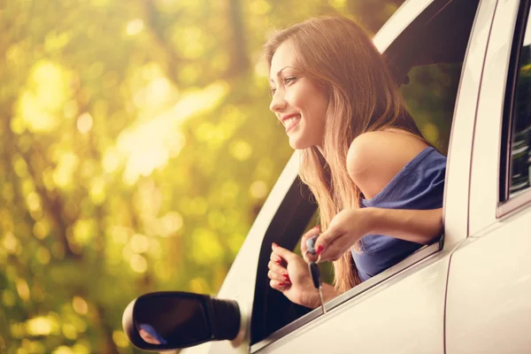 Young Beautiful Woman Sitting Car Forest Looking Next Direction She — Stock Photo, Image