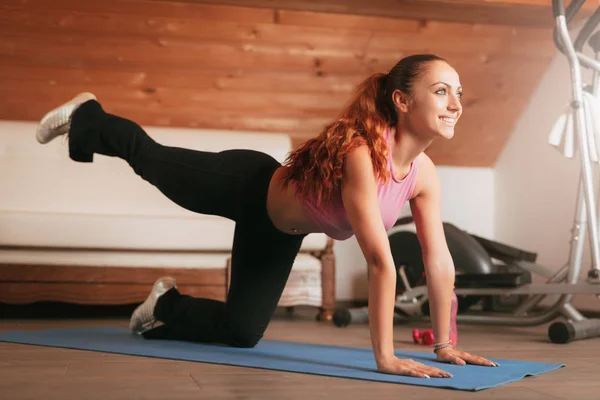 Beautiful Young Woman Doing Exercises Home — Stock Photo, Image