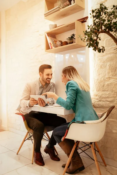 Two Beautiful Young Smiling Businesspeople Sitting Cafe Working Digital Tablet — Stock Photo, Image