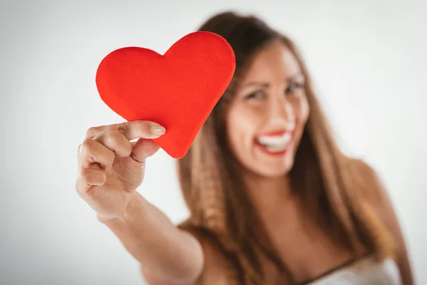 Close Beautiful Smiling Girl Holding Red Heart Selective Focus Focus — Stock Photo, Image
