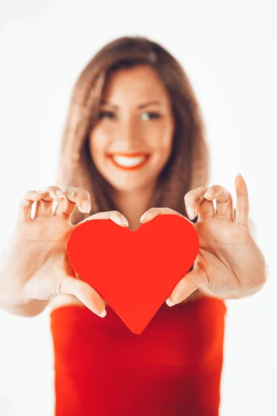 Beautiful Smiling Girl Holding Red Heart Selective Focus Focus Heart Stock Image