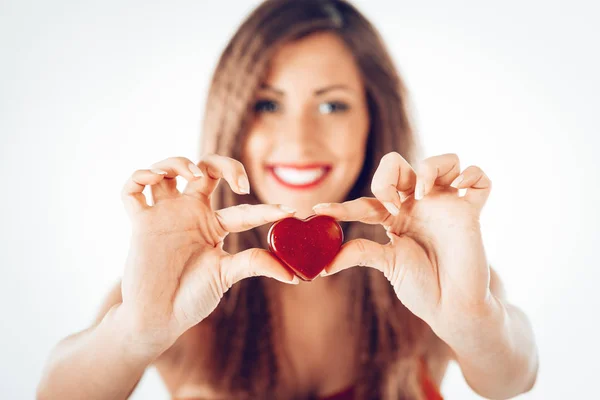 Beautiful Smiling Girl Holding Red Heart Selective Focus Focus Heart — Stock Photo, Image