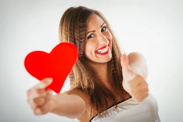 Close Beautiful Smiling Girl Holding Red Heart Tumb Selective Focus — Stock Photo, Image