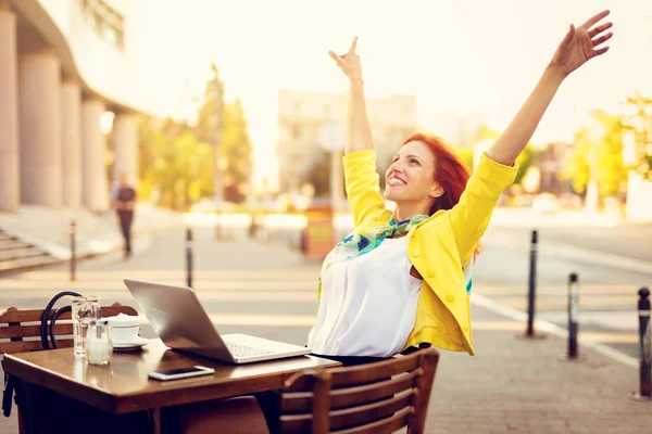 Successful Businesswoman Outstretched Arms Coffee Break Street Cafe — Stock Photo, Image