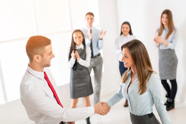 Successful Young Businesswoman Businessman Shaking Hands Deal Front Business Team — Stock Photo, Image