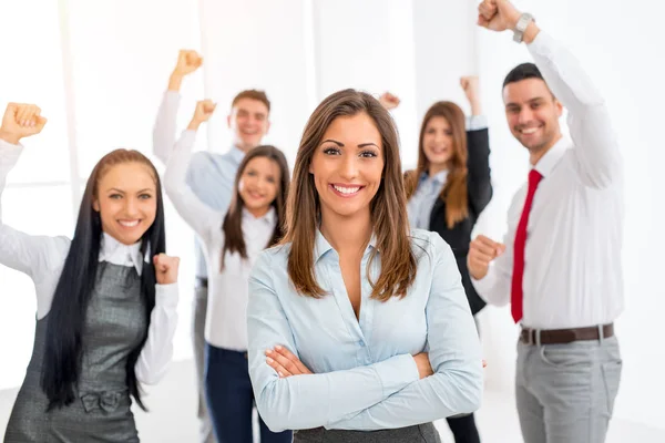 Successful Young Businesswoman Standing Proudly Her Young Business Team Looking — Stock Photo, Image