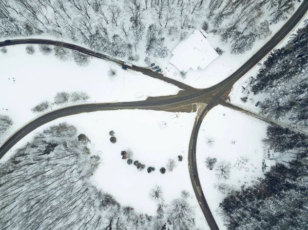 Estradas que atravessam a floresta com neve . — Fotografia de Stock