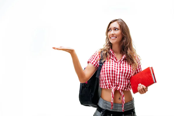 Lachende Tienermeisje Staande Met Schooltas Boek — Stockfoto