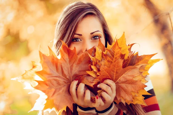 Portrait Young Woman Holding Golden Yellow Leaves — Stock Photo, Image