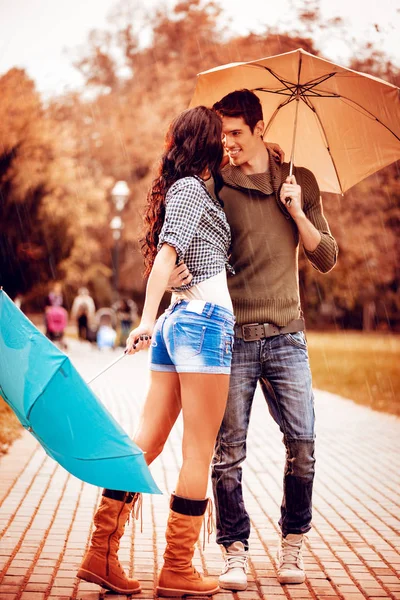 Beautiful Lovely Couple Enjoying Dancing Umbrellas Park Autumn Colors — Stock Photo, Image