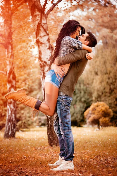 Beautiful Lovely Couple Enjoying Sunny Park Autumn Colors Guy Holding — Stock Photo, Image