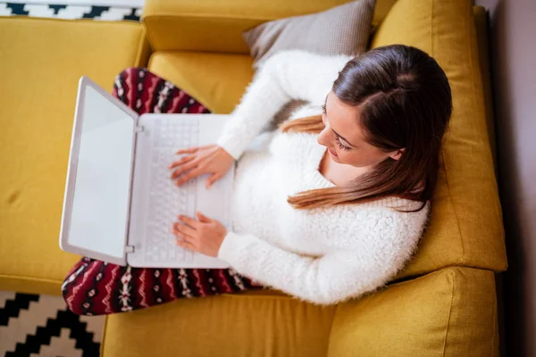 Junge Brünette Frau Mit Laptop Sitzt Auf Sofa Wohnzimmer — Stockfoto