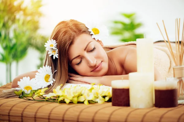 Young Brunette Woman Relaxing Spa Centre Stock Photo