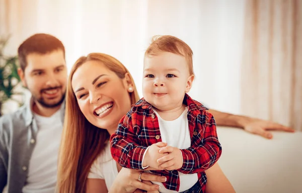 Beautiful Baby Boy Enjoying Home His Parents Sitting Sofa Playing — Stock Photo, Image