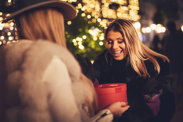 街でクリスマスを祝っている若い女性の友人 — ストック写真