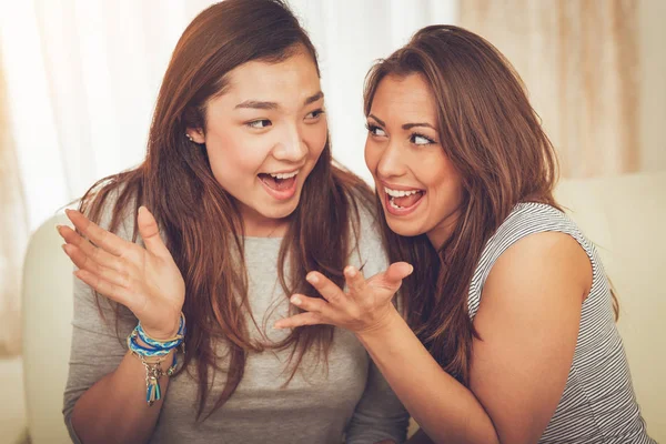 Dos Jóvenes Amigas Alegres Divirtiéndose Apartamento — Foto de Stock