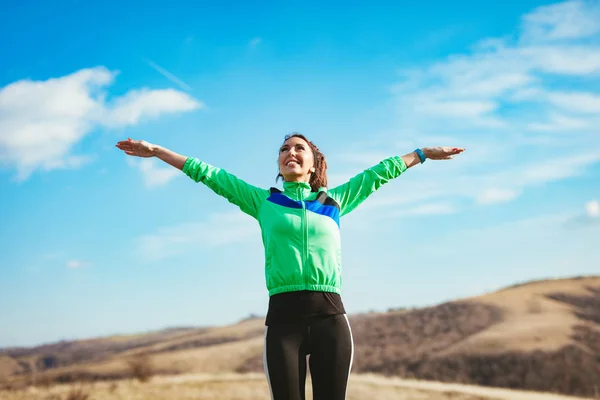 Young Sportswoman Arms Celebrating Success Relaxing Jogging Outdoor — Stock Photo, Image