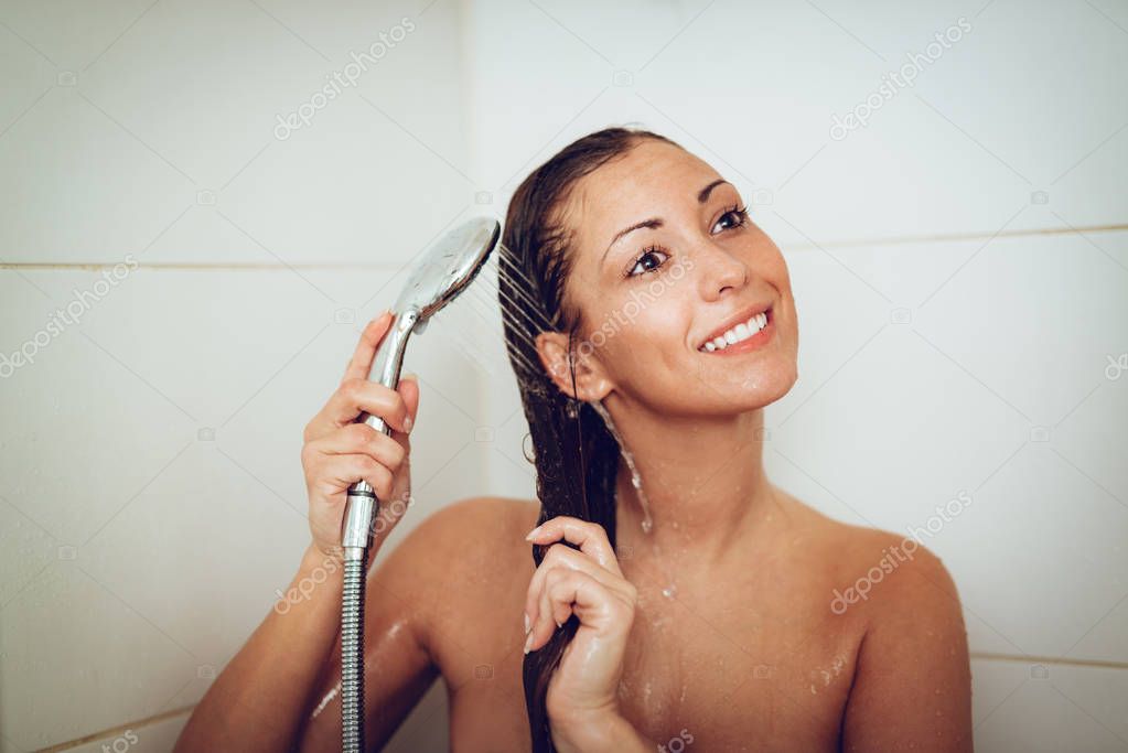 Young Smiling Woman Wash Long Hair Shower Cabin — Stock Photo