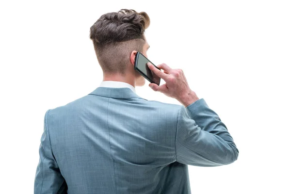 Vista Trasera Del Hombre Hablando Teléfono Inteligente Sobre Fondo Blanco —  Fotos de Stock