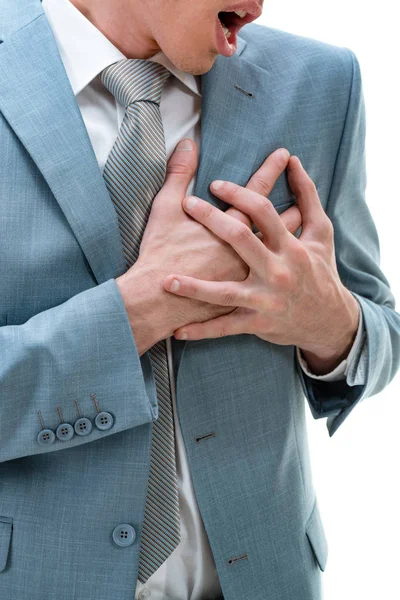Stäng Ung Affärsman Med Bröstsmärta Och Hjärtinfarkt — Stockfoto