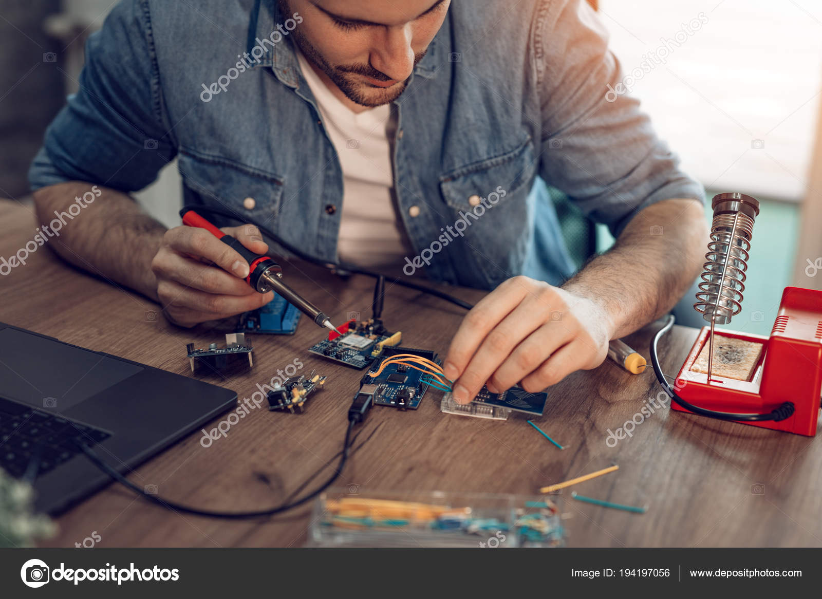 Technician Focused Repair Electronic Equipment Soldering Iron — Stock Photo © MilanMarkovic