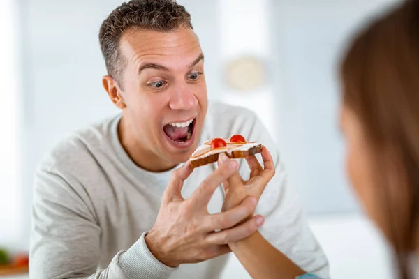 Portrait Handsome Young Man Who Eating Healthy Sandwich Breakfast Domestic — Stock Photo, Image