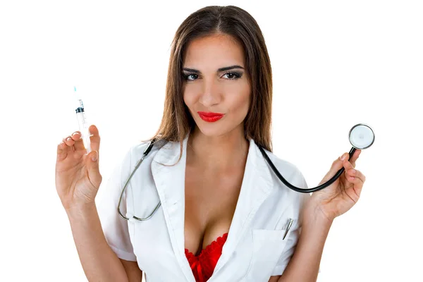 Krankenschwester Mit Stethoskop Und Spritze Isoliert Auf Weißem Hintergrund — Stockfoto