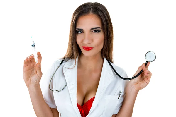 Nurse Stethoscope Medical Syringe Isolated White Background — Stock Photo, Image