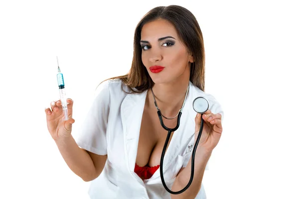 Nurse Stethoscope Medical Syringe Isolated White Background — Stock Photo, Image