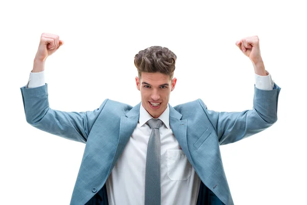 Sonriente Joven Empresario Expresando Éxito Con Las Manos Alto Aislado —  Fotos de Stock