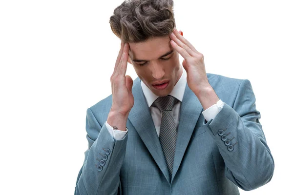 Retrato Empresario Frustrado Sobrecargado Trabajo Aislado Sobre Fondo Blanco —  Fotos de Stock