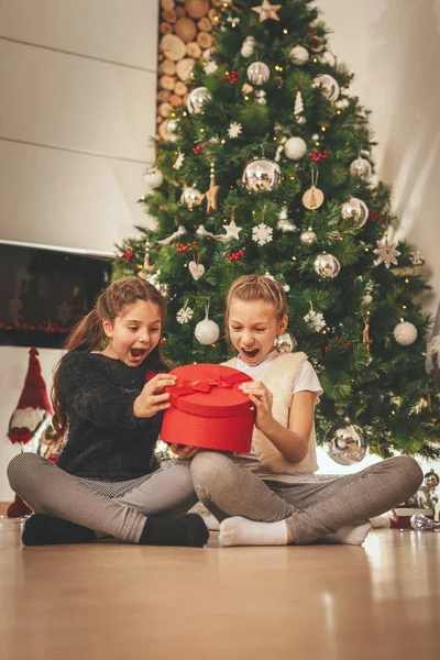 Δύο Χαμογελαστά Κορίτσια Κάθονται Στο Πάτωμα Δίπλα Στο Χριστουγεννιάτικο Δέντρο — Φωτογραφία Αρχείου