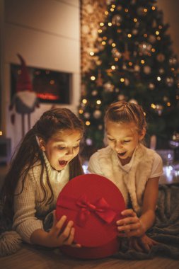 İki gülümseyen kız Noel ağacının yanında yerde oturuyor. Hediyeye kırmızı bir kutuda bakmalarına şaşırdım.