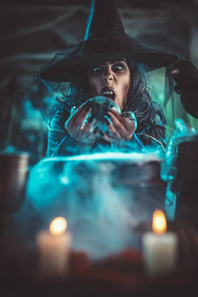 Portrait Witch Awfully Face Creepy Smoky Surrounding Sends Evil Makes — Stock Photo, Image